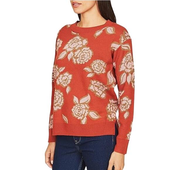 DR2 Floral Knit Crew Neck Sweater Lightweight Pullover Long Sleeve Orange Size L - Picture 2 of 8